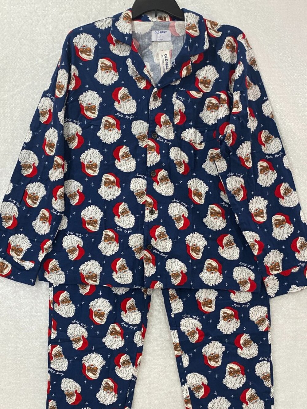 Old Navy Pajamas Santa Flannel Men's XL Christmas Button Up Blue Cotton 2 pc .